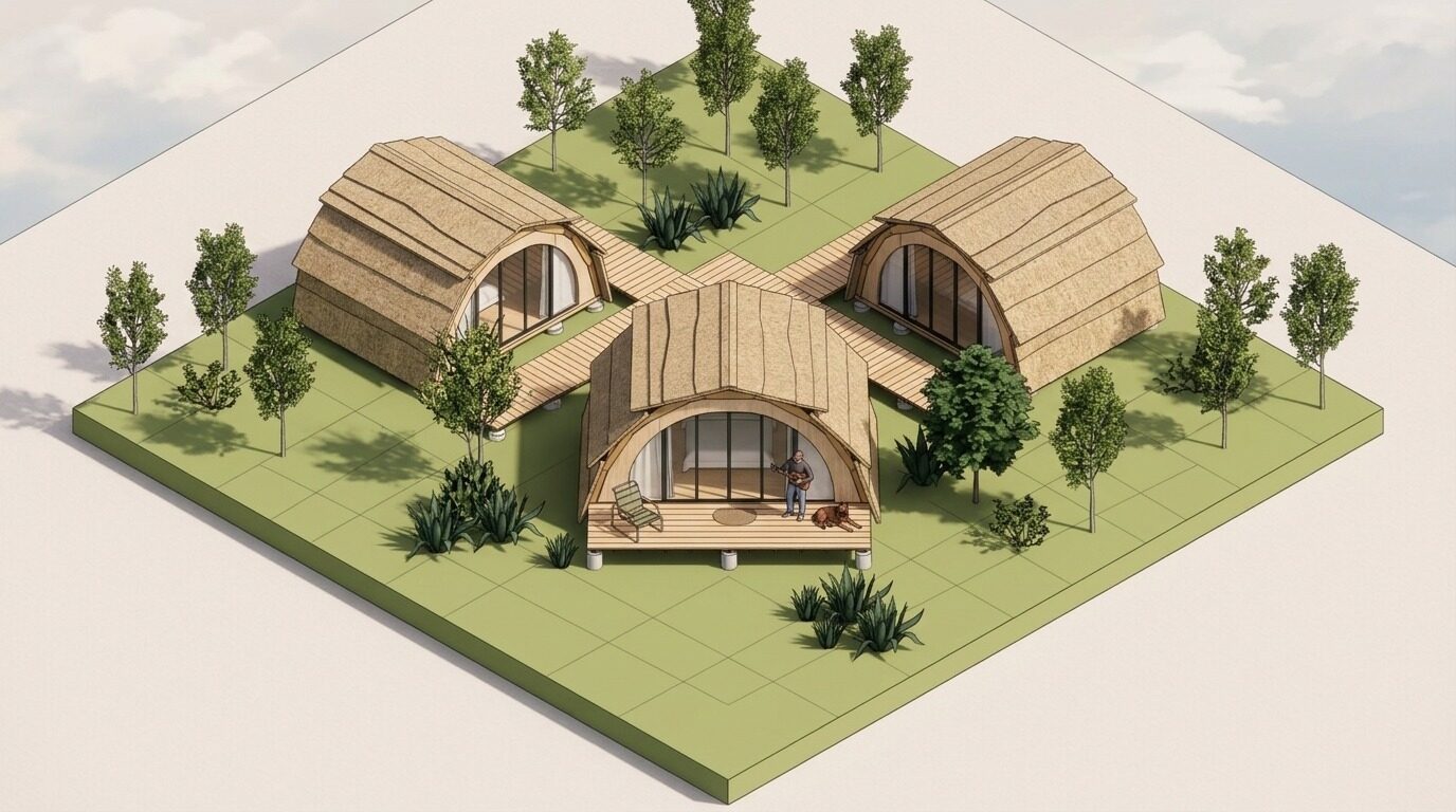 Conjunto de tres cabañas — vista isométrica