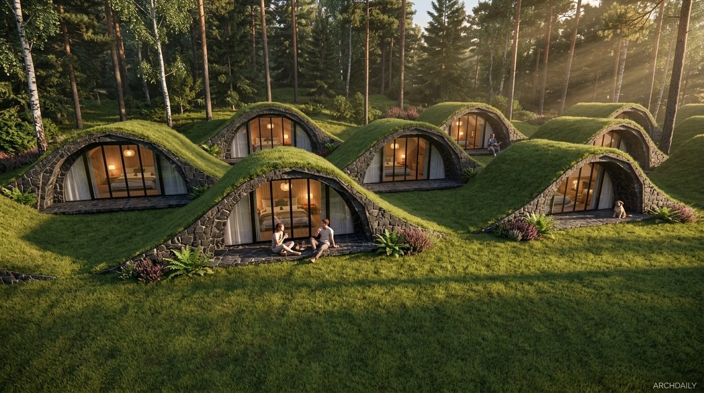 Cabañas de techo verde entre el bosque, con vecinos compartiendo la mañana