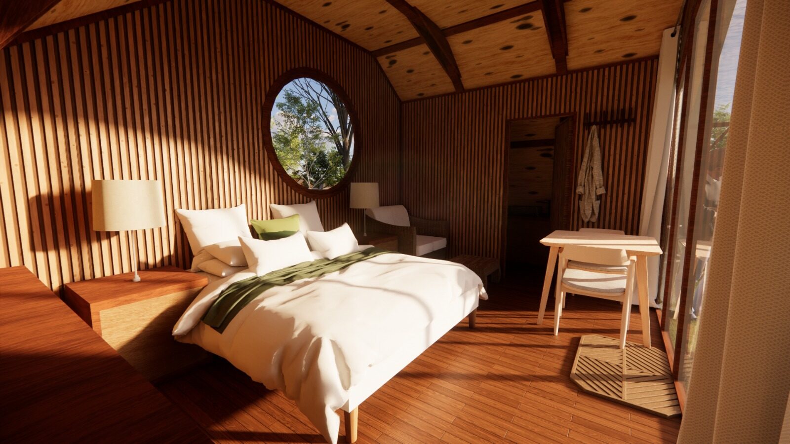 Dormitorio con ventana redonda al bosque