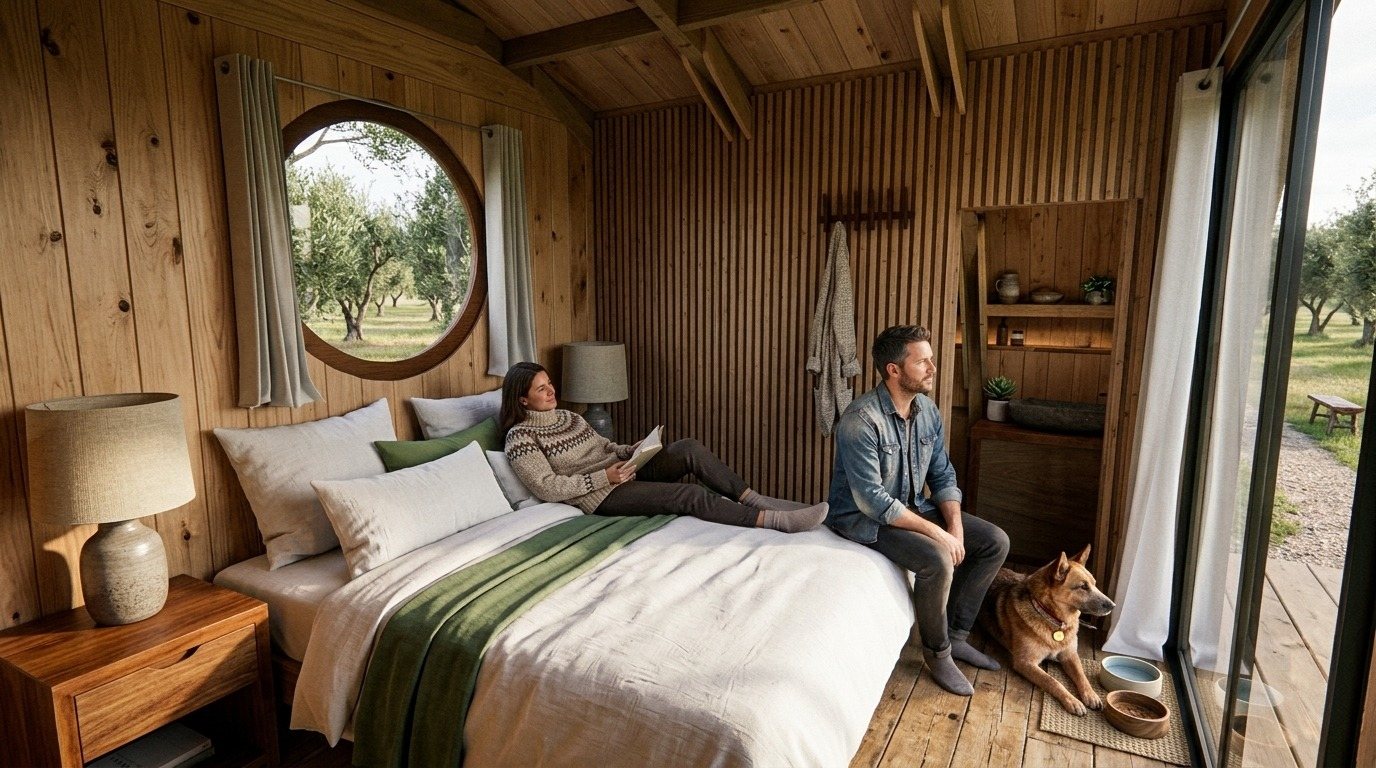 Interior de madera con ventana redonda